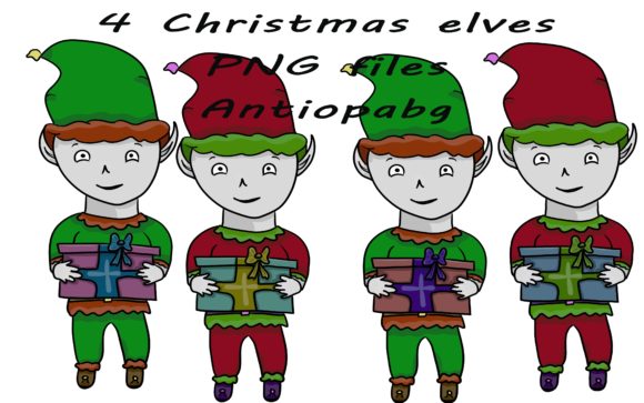 4 Christmas Elves with Presents: Festive Illustrations