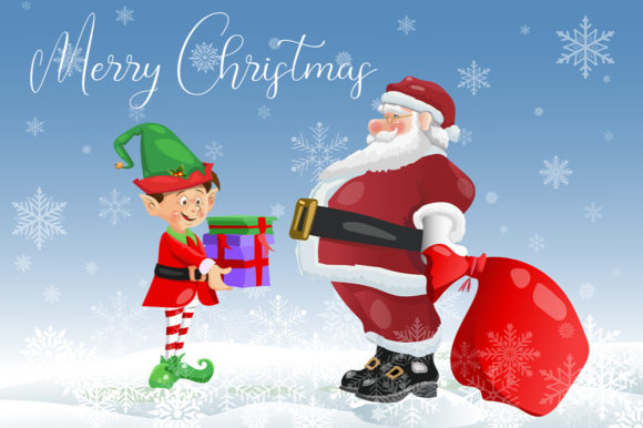 Christmas Card Santa Claus with Elf: Pro Illustrations