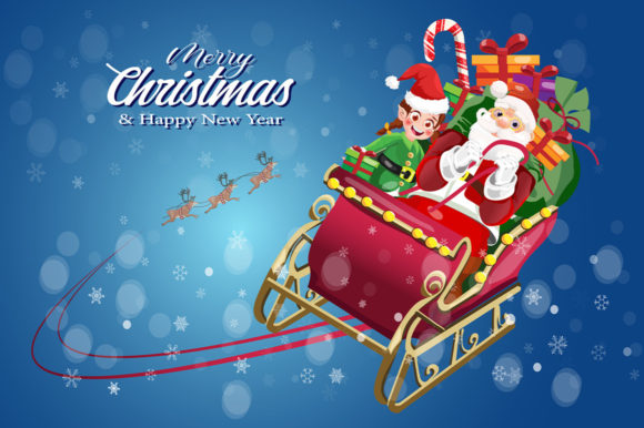 Christmas Santa Sleigh Flying with Elf Illustrations