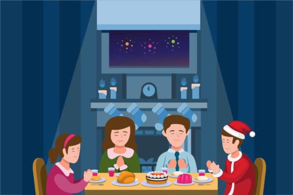 Family Christmas Dinner Cartoon Vector: Festive Illustrations
