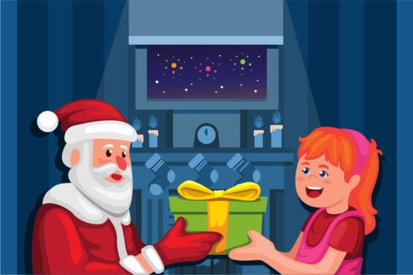 Santa Giving Gift to Girl on Christmas Illustrations