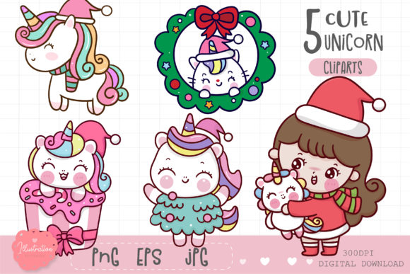 Unicorn Christmas Clipart: Kawaii Illustrations